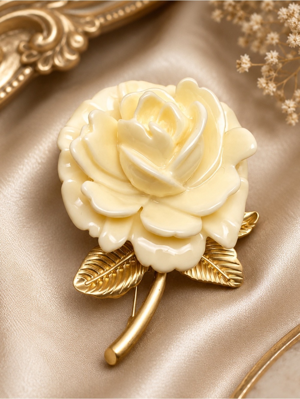 Elegant Cream Rose Statement Brooch | Matte Gold-Tone Floral Pin - Women Jewelry